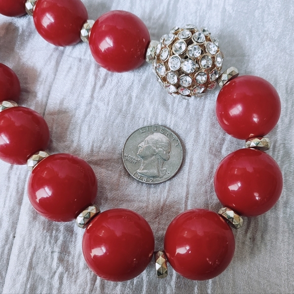 Stephan & Co Lipstick Red Acrylic Round Bead Bracelet and Necklace Rhinestones - Picture 7 of 10